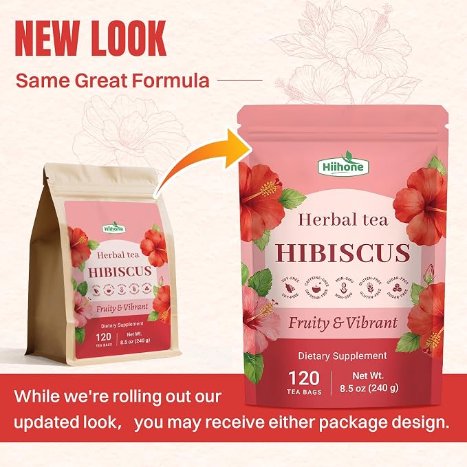 Hiihone Hibiscus Tea Bags 120 Count – Pure Hibiscus Flower Herbal Tea, Caffeine-Free, Tart & Refreshing Flavor, Rich in Antioxidants, Non-GMO, Natural Herbal Tea for Hot or Iced Tea