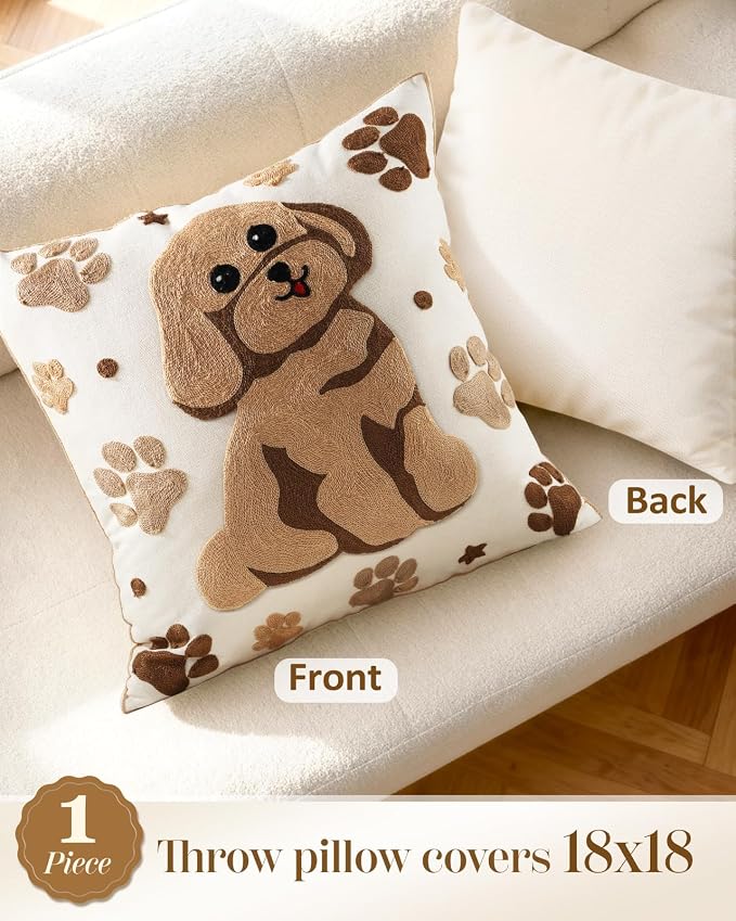 Animal Embroidered Throw Pillow Cover 18x18 Inch, Cute Dog | Decorative Pillow Cover, Country Cushion Cases with Hidden Zipper, Farmhouse Decor for Couch, Sofa, Living Room, Bed