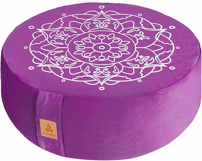 Embroidered Meditation Pillow D=16" H=5.5" Round Velvet Meditation Cushion Yoga Bolster Floor Pouf Zafu Natural Buckwheat hulls Sitting on Floor Removable Organic Cotton Cover Large Kneeling Pillow