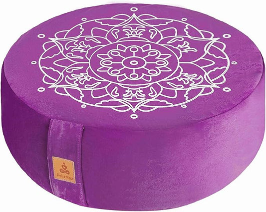 Embroidered Meditation Pillow D=16" H=5.5" Round Velvet Meditation Cushion Yoga Bolster Floor Pouf Zafu Natural Buckwheat hulls Sitting on Floor Removable Organic Cotton Cover Large Kneeling Pillow