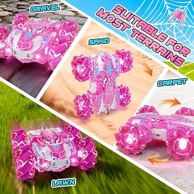 Spider Toys for Girls 4 5 6 7 8 9 10 11 12, Gesture Sensing Remote Control Car, Double Sided RC Cars with Full-Body Light, 2.4GHz Hand Controlled Rechargeable RC Stunt Car