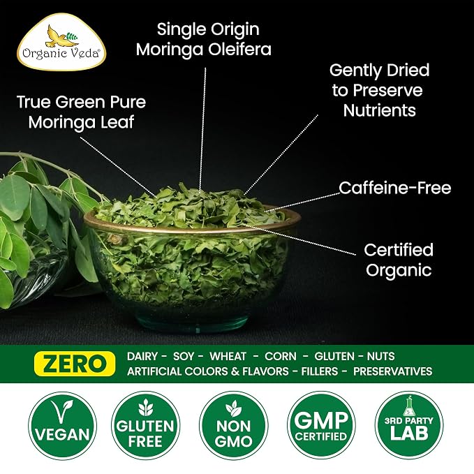 Organic Veda Moringa Tea Leaves - True Green Rich, Premium Single Origin,100% Organic Moringa Oleifera Loose Leaf Tea, Baking, Soup Powder, Caffeine-Free, Vegan, Non-GMO- 7oz