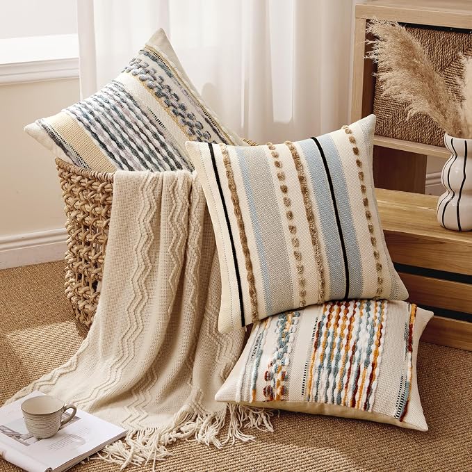 ANRODUO Boho Decorative Pillow Covers 18x18 Light Blue Stripe Pack of 1 | Throw Pillow Covers, Farmhouse Cushion Case, Chenille Pillow Cases, Pillow Covers, Accent Neutral Pillowcase for Sofa Couch