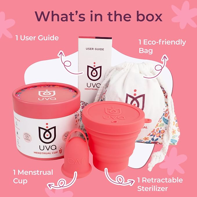 UVA Reusable Menstrual Cup Kit with Sterilizer - Size A for Moderate Flow - 10-Year Durable & Leak-Proof Silicone - Menstrual Cup Medium Sized, Sterilizer & Traveling Bag Period Cup Set