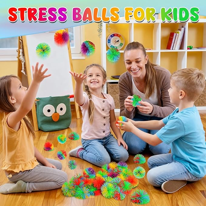 24PCS Stringy Balls, Sensory Stringy Ball, 2.75 inch Soft Rainbow Pom Bouncy, Stocking Stuffers for Kids, Monkey Pom Balls Fidget Toys Stress Ball, Birthday Gifts for Boys, Girls Ages 3+