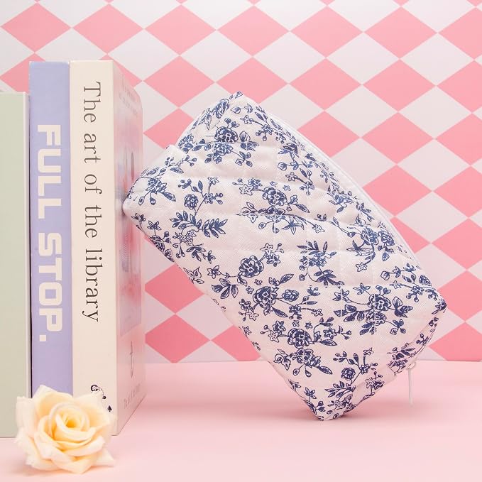 PAZIMIIK Small Quilted Makeup Bag,Zipper Cosmetic Pouch,Jouy Blue,2 Pack | Lightweight Cosmetic Bag Organizer for Women,Purse Storage Holds Makeup,Toiletries,Skincare,Beauty Essentials,Travel Items
