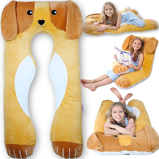 Dog Kids Body Pillow - 47" U-Shape Long Plush Soft Animal Pillow for Toddlers, Sleeping, Reading, ADHD & Special Needs Comfort, Anxiety, Washable Cover, Snuggle Fun Cuddle for Boys & Girls