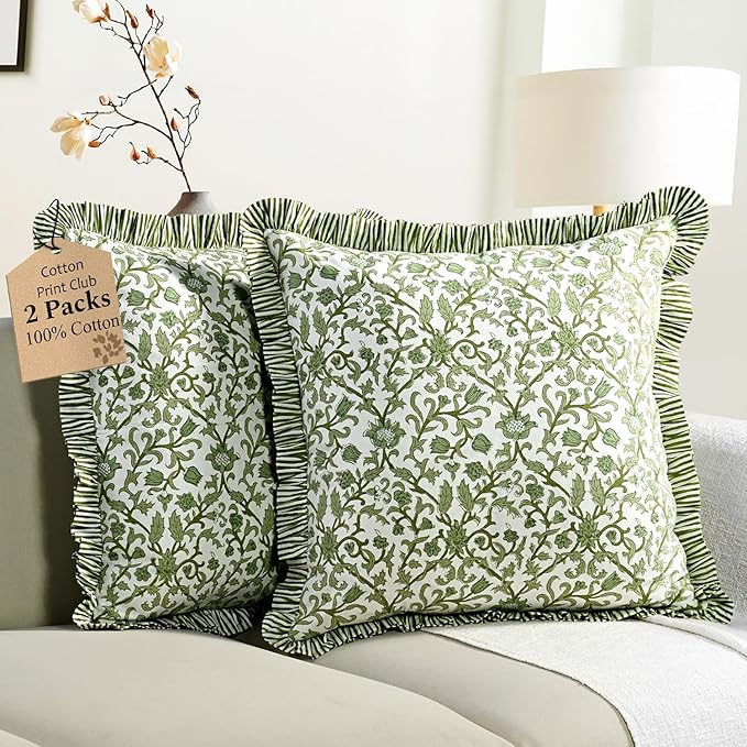 CPC Meadow Vine Hand Block Print 100% Cotton Ruffle Throw Pillow Cover 18x18 inch with Hidden Zipper Decorative for Couch, Bed, Sofa, Farmhouse, Cottagecore Decor Gift Christmas Fall Thanksgiving