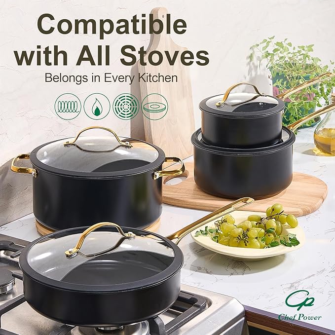 Chef Power Ceramic Frying Pan with Stainless Steel handle 5Pcs Set, Non-toxic Non Stick Grill Pan Set, Induction, Dishwasher and Oven Safe, Stone Black & Light Gold Handle, 8'', 9'', 11'' Skillet
