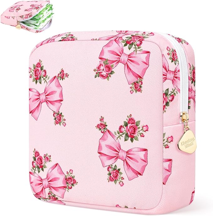 Sanitary Pad Storage Bag Portable Period Bag for Teen Pads/Sanitary Napkins/Small Tampons, Sanitary Napkin Storage Bag First Period Gifts for Teen Girls (Pink Rose Bowknot)