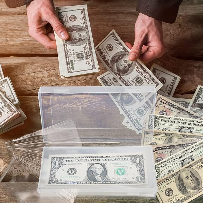 200 Pieces Dollar Bill Holder with Storage Box, 6.8 x 3.18 inch Clear Paper Money Sleeves,Currency Sleeves, Silver Dollar Coin Holders Organizer for Cash Collectors Banknotes,Stamp