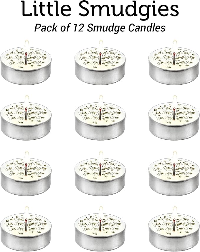 SOUL STICKS 12 Pack Little Smudgies Tealight Candles Smudge Candle for Cleansing House, Meditation, Chakra Healing | Made with Crystals and Herbs (White Sage & Dragon's Blood)