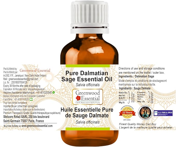 Greenwood Essential Dalmatian Sage Essential Oil (Salvia officinals) Pure | Non-Sticky | Non-Greasy | Lightweight | Men & Women | All Skin Types | Steam Distilled 2ml (0.06 oz)