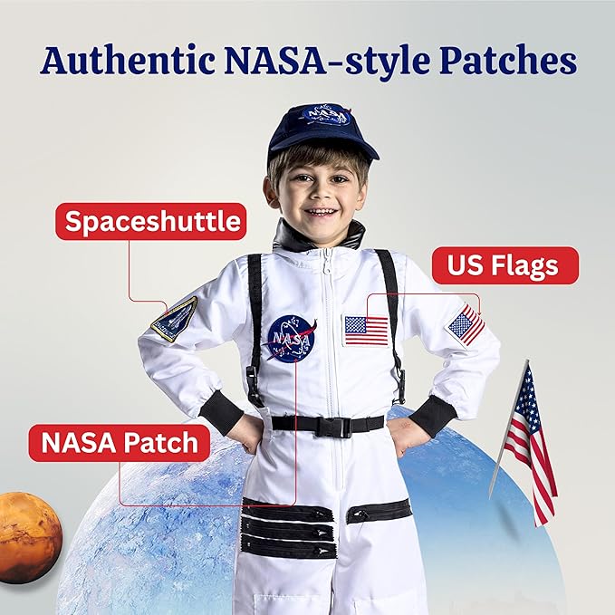Dress Up America Kids NASA Astronaut Costume – Orange Space Suit with Cap – Realistic Halloween & Dress-Up Outfit