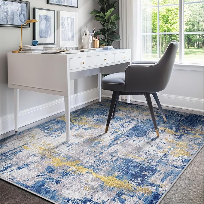 RELEANY Washable Area Rugs 8'x10' Non-Slip Modern Abstract Soft for Living Room Entryway Bedroom Kitchen, Print Pattern, Grey Blue Gold/Golden