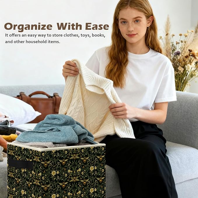Moody Floral Bumblebee Storage Box Bins, Dark Cottagecore Honey Bee Botanical Collapsible Storage Basket Organizer for Bedroom Bathroom Home Clothes Books, Decor for Room