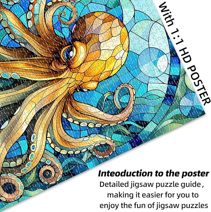 Sutinban Stained Glass Octopus Puzzle 1000 Pieces, 1000 Piece Puzzle for Adults, Coolest Adult Jigsaw Puzzle for Sea Creatures Lovers, Great Gift for Family, 27.5’’x19.7’’