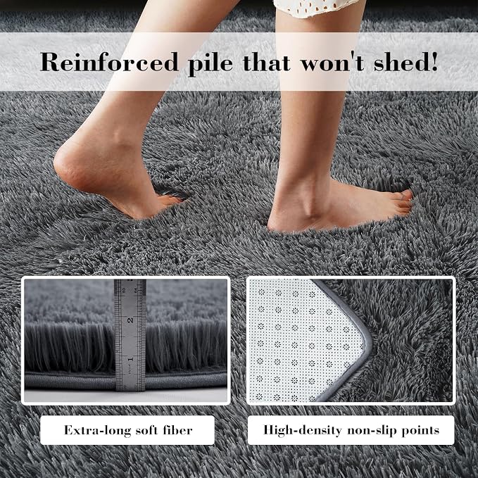 Fluffy Rug Shag Area Rug, Grey 4x6 Area Rugs for Bedroom, Small Bedside Rug, Soft Fluffy Shag Entryway Throw Rugs for Living Room Bedroom Room Home Decor