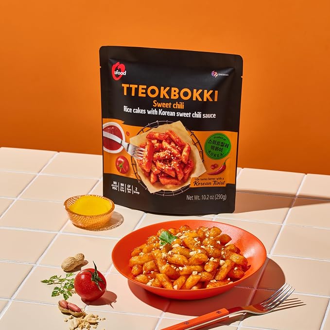 Tteokbokki Korean Rice Cakes – [Sweet Chili | Pack of 1] – Gluten Free | Ready in 3 Minutes | 0 Cholesterol/ 0 Trans Fat | 2 Servings Spicy Street Snack | Healthy/Savory/Spicy - O’food