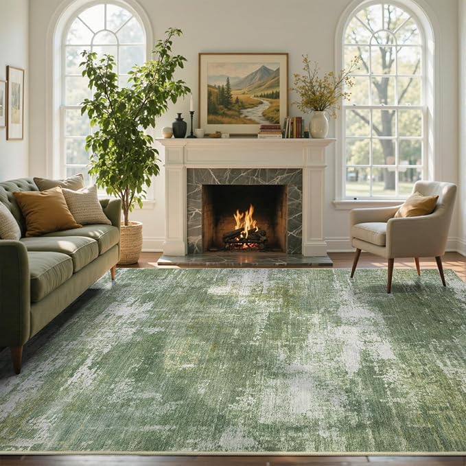 4x6 Ft Area Rugs for Living Room, Soft Non-Slip Washable Rugs Modern Abstract Pattern Carpet for Bedroom Indoor Floor Nursery Home Decor (Green/White)