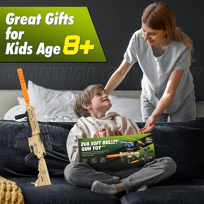 Toy Gun with Soft Bullets Shell Ejecting, Manual Foam Blasters Guns with 60 Bullets, Toy Gun Birthday Gift, Yellow