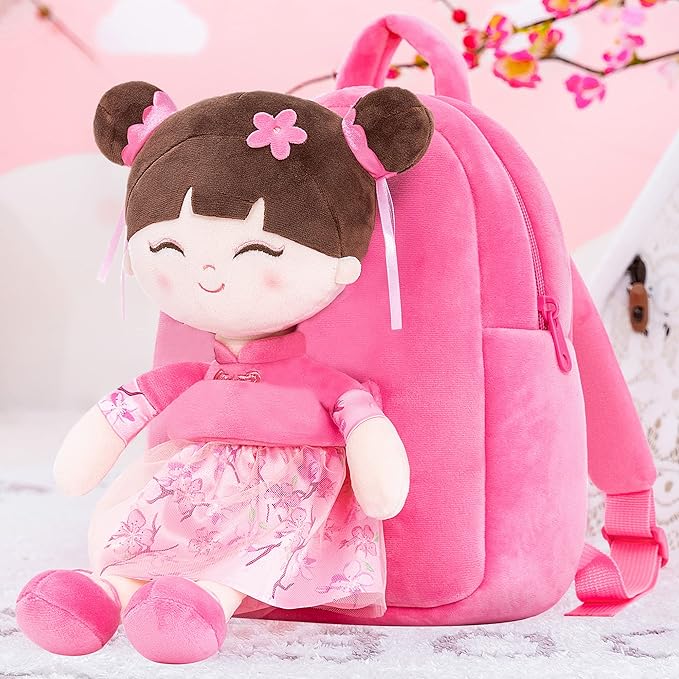 Gloveleya Back to School Gifts for Girls Kids Backpack Toddler Backpack Soft Plush Asian Girl Doll Backpacks Pink 9"