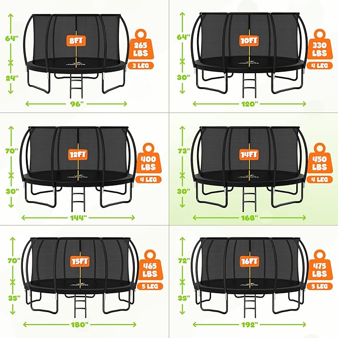 JELENS Trampoline 8FT 10FT 12FT 14FT 15FT 16FT, Recreational Trampolines with Enclosure Net, Outdoor Anti-Rust Trampolines for Kids and Adults, ASTM Approved