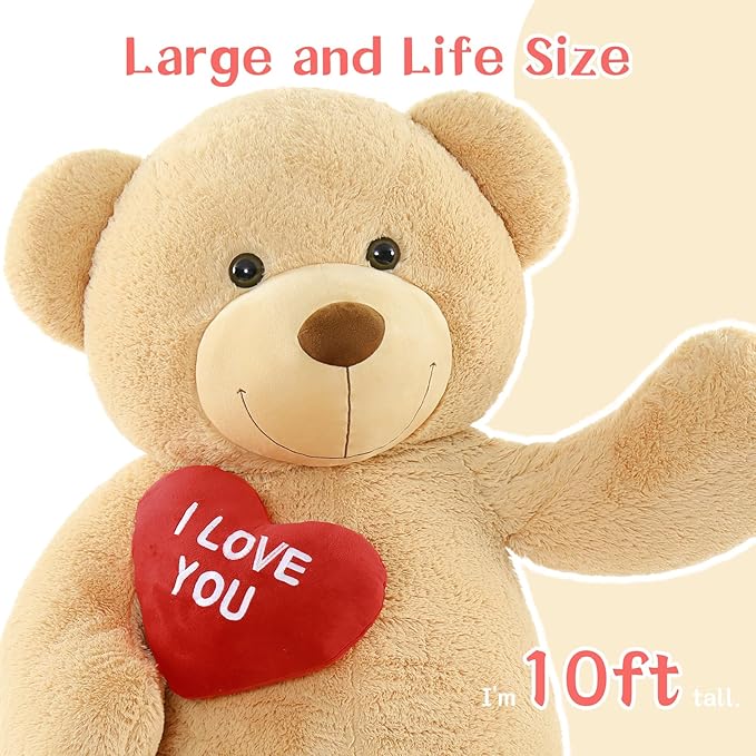 Red Heart Giant Jumbo Teddy 10ft, Huge Teddy Bear Stuffed Animals with Embroidered I Love You for Girlfriend Boyfriend Christmas Birthday, Celebrations, Huge Valentines Teddy Bear Gifts