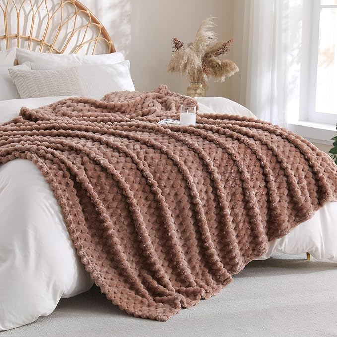 Light Brown Fleece Throw Blanket 60”×80” for Couch Sofa Bed Super Soft Cozy Plush Microfiber Flannel Blanket with 3D Jacquard Decorative Lightweight for Mom Woman