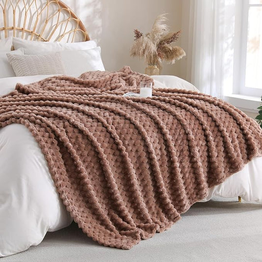 Light Brown Fleece Throw Blanket 60”×80” for Couch Sofa Bed Super Soft Cozy Plush Microfiber Flannel Blanket with 3D Jacquard Decorative Lightweight for Mom Woman