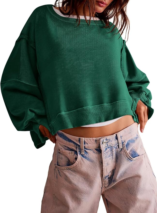 Zwurew Womens Casual Sweatshirt Cropped Shirts | Loose Fit, Tee Top, Pullover, Crop Hem, Design Trim, Daily Tops