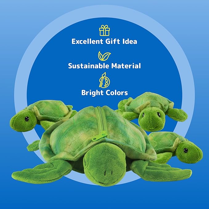 PREXTEX Plush Toys Turtle Stuffed Animal w/ 3 Baby Stuffed Turtle - Big Turtle with Zipper - 3 Little Baby Turtle Plush - Turtle Toys for Kids 3-5 - Turtle Toy - Thoughtful Gift for Turtle Lovers