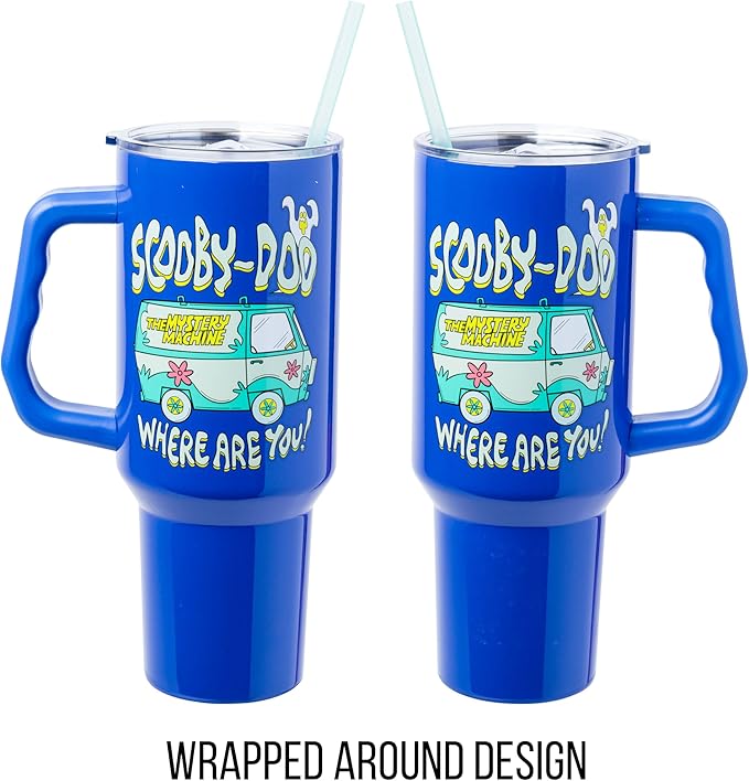 Silver Buffalo Scooby-Doo “Where Are You!” Double Walled Stainless Steel Tumbler with Handle Featuring The Mystery Machine, Fits in Standard Cup Holder, 40 Ounces