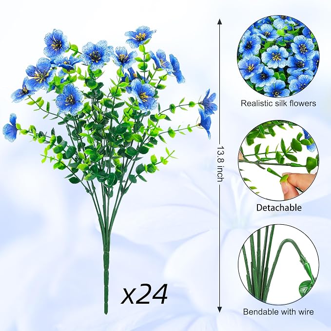 Ouddy Decor 24 Pcs Artificial Flowers for Outdoors Decorations, Blue | Lifelike silk flowers, UV resistant, faux plastic plants, for garden porch window table vase home indoor outdoor decor