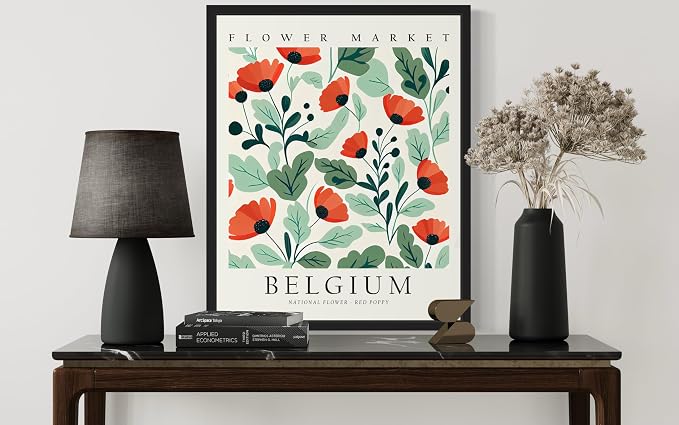 Belgium, Red Poppy Art Print Poster, Flower Market Wall Art, Floral Artwork Decor for Bedroom, Kitchen, Bathroom, Livingroom Decoration 52 (Belgium, Red Poppy, 24"L x 18"W, Black Frame)