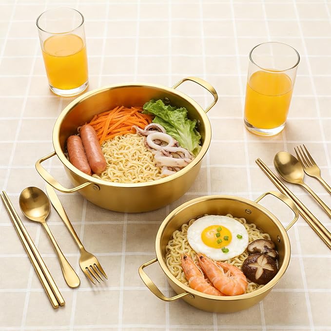 2-Pack Stainless Steel Korean Ramen Pot 7" & 7.8" with Lid Utensils | Noodle Cooking Pot Comes with Spoon, Chopsticks & Fork for Soup, Pasta and Daily Cooking