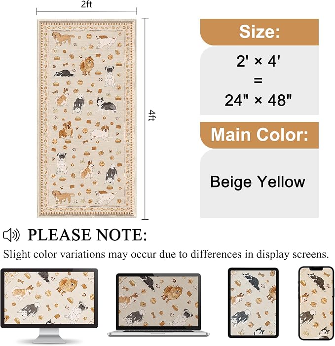 DUKINO 2x4 Rug Runner, Washable Dog Bathroom Rug Soft Non Slip Beige Yellow | Low Pile, Non-Shedding, Stain Resistant, Indoor Animal Carpet Runner for Kitchen Entryway Hallway Laundry Farmhouse Bedroom