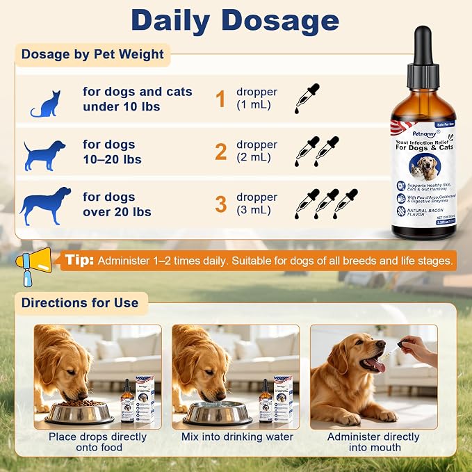 Petnanny Yeast Infection Support for Dogs, Natural Herbal Supplement Yeast Infection Drops with PAU d’Arco & Goldenseal, Supports Healthy Yeast Balance, Digestion & Immune Health, Bacon Flavor