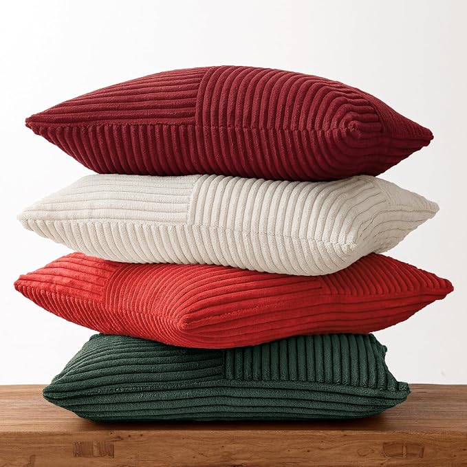 MIULEE Boho Christmas Red Decorative Throw Pillow Covers 18x18 Set of 4 Farmhouse Cushion Covers Color-Clash Corduroy Pillow Cases Modern Soft Corduroy Patchwork Home Decor for Couch Sofa Bedroom