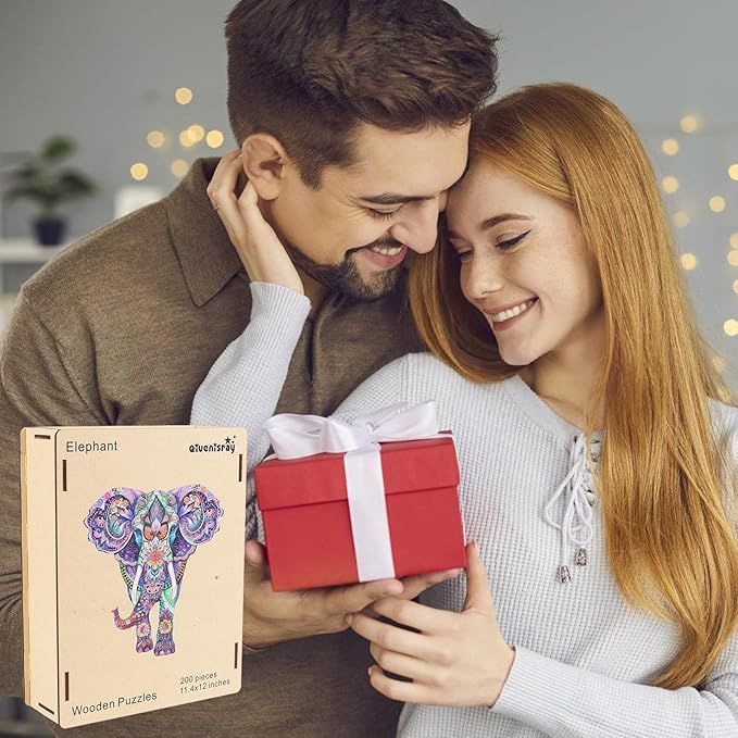 Qiuenisray Wooden Puzzles for Adults, Elephant Jigsaw Puzzles 200 Pieces, FSC Certified Wall Decor, Unique Shape Animal Adult Puzzles, Creative Gift for Family Game 12.4x11.4 in