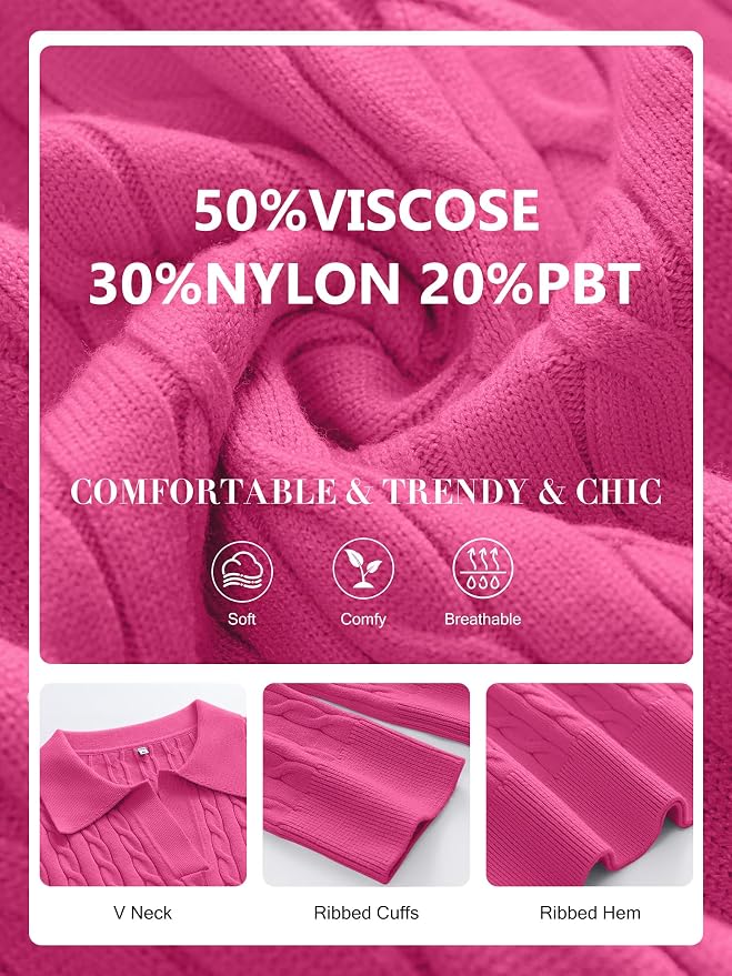 ANRABESS Womens Cable Knit Sweaters Long Sleeve V Neck | Pullover Collared Sweater Tops, Polo Knit Shirts, Business Casual Work, Tennis Golf, Fall Winter Fashion Outfits