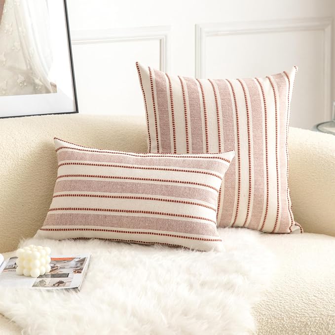 Cethom Decorative Boho Lumbar Throw Pillow Covers, Farmhouse Textured Pillow Case, 12 x 20 Inch Set of 2, Chair Sofa Bedroom Living Room Home Decor Couch Cushion Case, Rust and Beige Striped