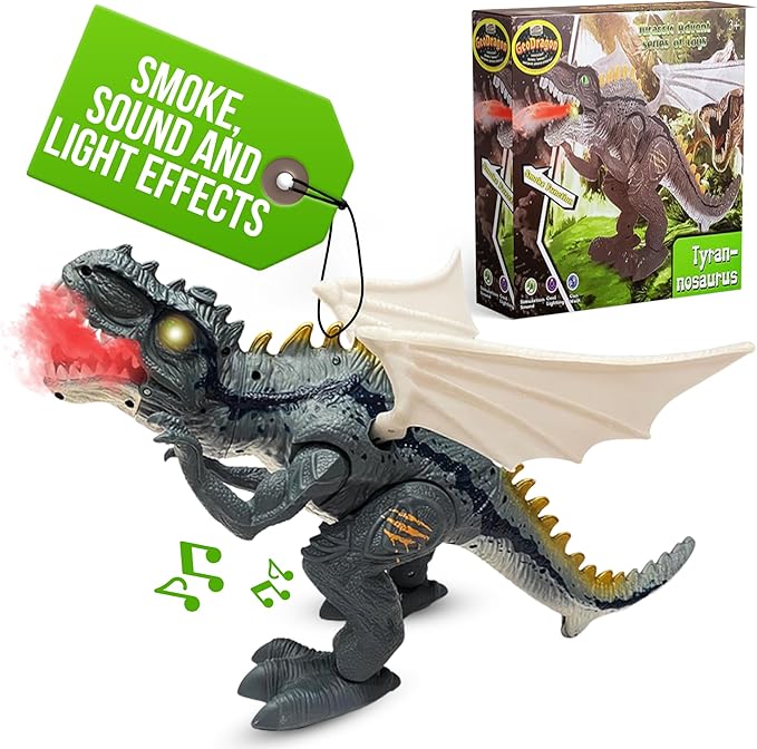 Geospace New Dragon Walking Dinosaur Toy – Smoke Breathing Fire Dragon Toy for Kids 3 & up, Walking Dinosaur Toys with Lights, Roaring Sound, Dragons Action Figure, Dragons for Gift (T-Rex)