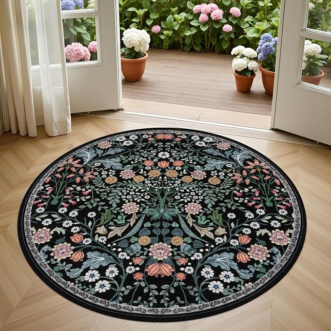 Round Area Rug for Living Room: 4 ft Floral Washable Circle Rug Soft Boho Non-Slip Carpet Indoor Stain Resistant Low Pile Small Circular Rug for Bedroom Entryway Kitchen Nursery Home Office Dark Black
