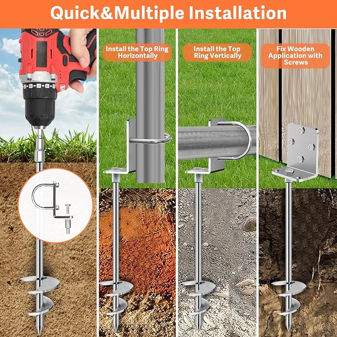 Eurmax USA 4 Pack Heavy Duty Ground Anchors, Rust-Proof L-Shaped Screw-in Spiral Ground Stakes for Trampoline, Shed, Swing Set & Carport,High Wind Resistant Metal Auger Anchors (Silver)