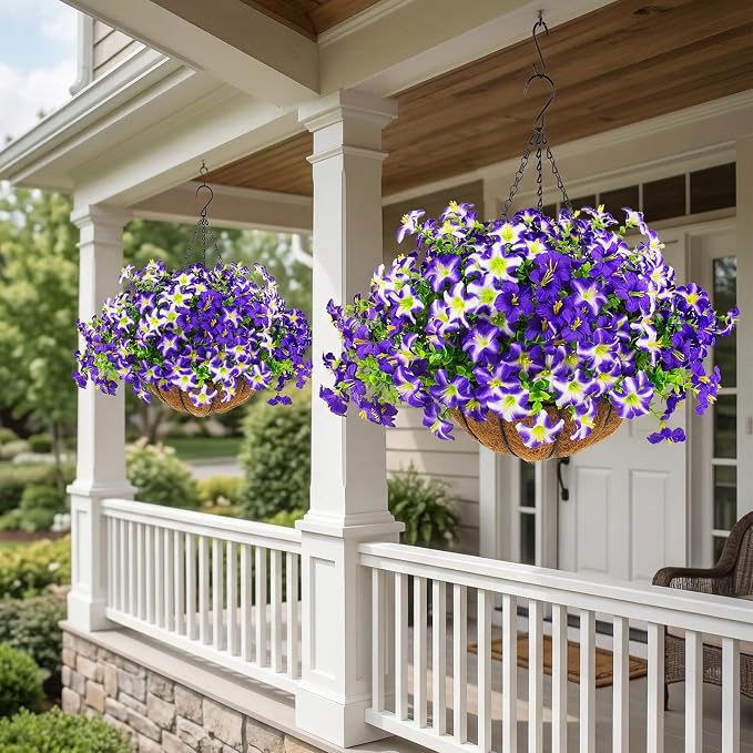 2 Set Artificial Petunias Flowers with Hanging Baskets, 24 Pcs Silk Petunia UV Resistant Purple Faux Petunias Flowers with Hanging Planter for Front Door Porch Spring Outside Decor (2, Purple)