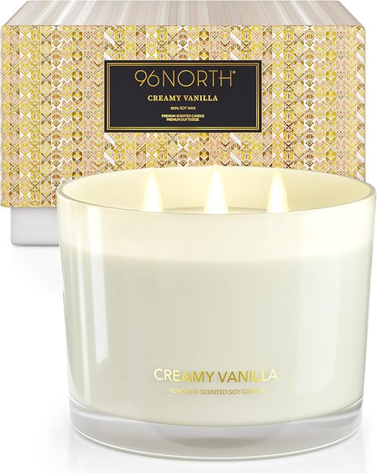96NORTH Creamy Vanilla Scented Candles | Large 3 Wick Jar Candle | Up to 40 Hours Burning Time | 100% Natural Soy Wax | Relaxing Scented Candle for Home | Gift-Ready Luxury Candle for Men & Women