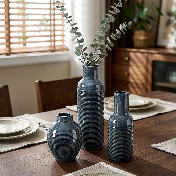 Ceramic Blue Vase Set of 3 - Small Waterproof Vases for Home Décor | blue ceramic vases - Pampas Grass Dried Fresh Flowers - for Centerpiece, Coffee Table, Mantel Entryway, Living Room, Bedroom