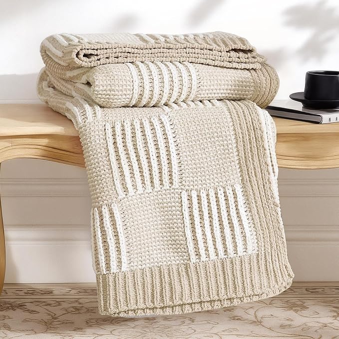 Knit Throw Blanket, Soft Chenille Cozy Breathable Dual Tone Checkered Chunky Decorative Blanket for Couch, Bed & Sofa, French Lightweight Warm Gift for Women, Beige, 60"x80"
