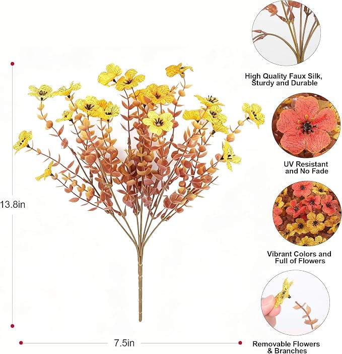 Artificial Faux Mums Flowers Plants for Outdoors Fall Decoration,12 Bundles Fake Mums Silk Daisy Plastic Flowers Plant UV Resistant Look Real for Outside Planters Patio Front Yard Autumn Orange Yellow